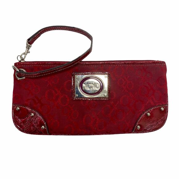 XOXO Red Wristlet Bag, small brocade fabric & vegan Leather clutch purse - Picture 2 of 8